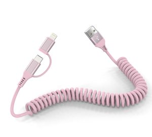 Pink Retractable 2-in-1 Cable with Lightning and USB-C for B2B OEM/ODM