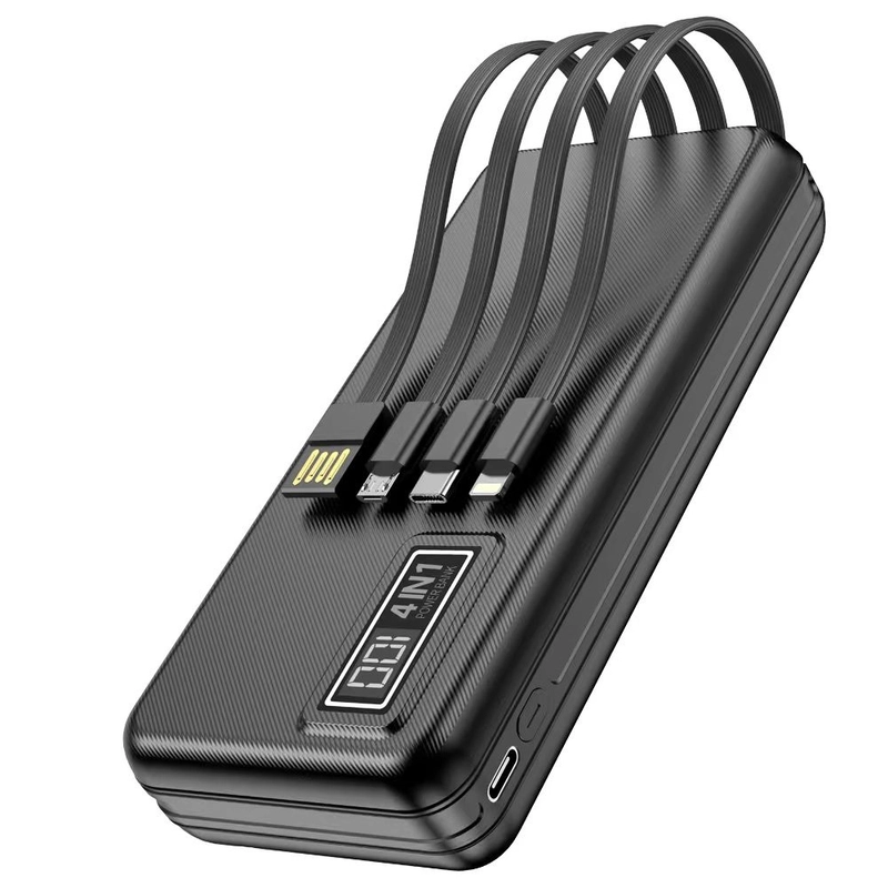 Power bank with an integrated charging cable and USB ports