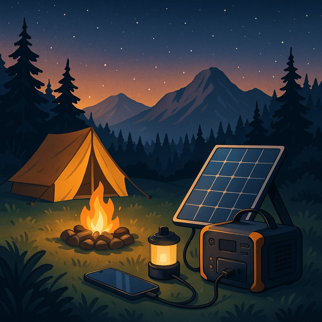 Power bank and charging accessories prepared for a camping trip