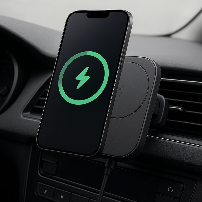 Wireless car charger mounted for phone alignment