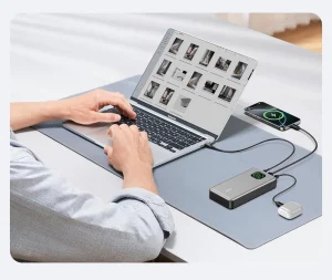 USB-C laptop connected to a power bank with a correctly rated cable