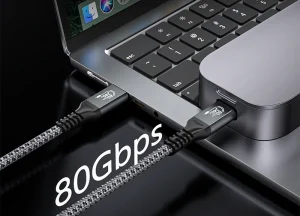 Certified Thunderbolt 4 cable connecting a laptop to a dock