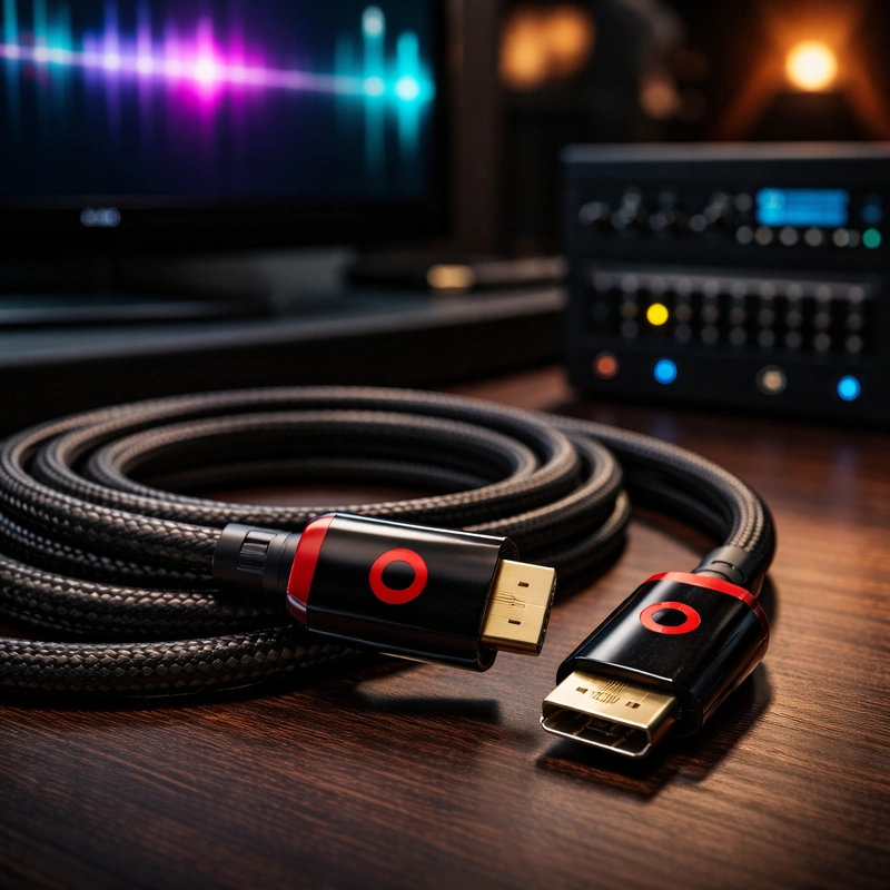 Beats headphones beside an HDMI cable and television