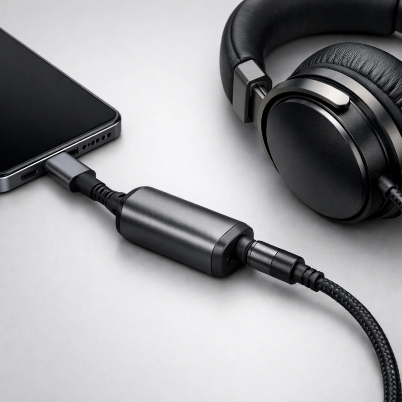 USB-C audio cable with DAC housing and strain relief