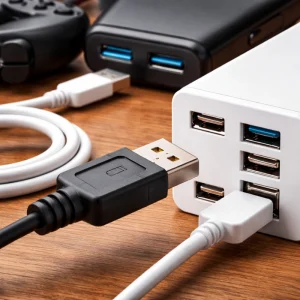 Multiple USB cables and ports connected to a white hub on wooden desk