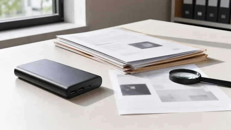 Generic power bank and document folder prepared for identity review