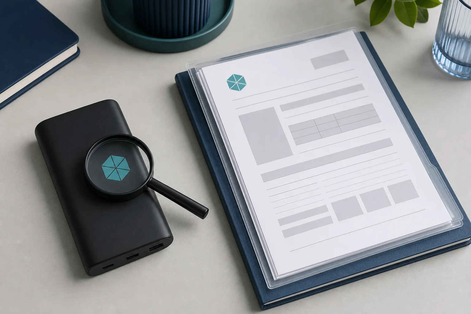 A power bank and technical document set with matching identity markers