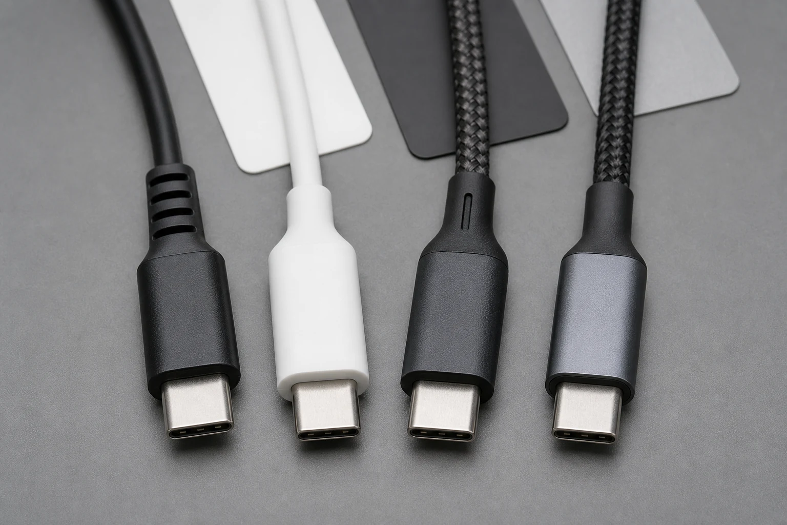 USB-C cable samples compared by connector and physical construction
