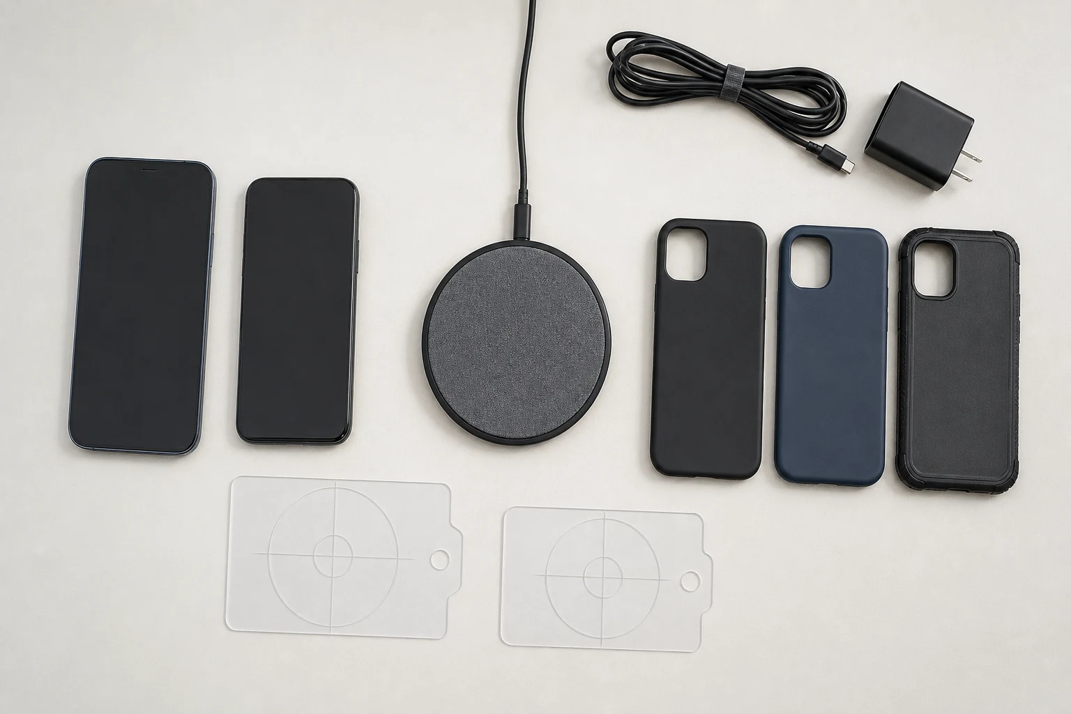 Wireless charger sample checked with different devices, cases, and alignment positions