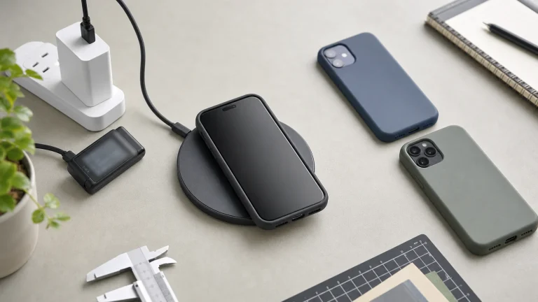 Wireless charger sample evaluation setup with devices, cases, and input power