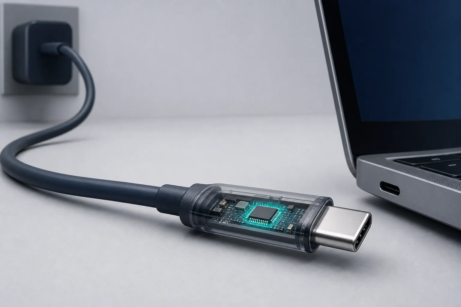 Conceptual cutaway of a USB-C plug showing an embedded e-marker chip