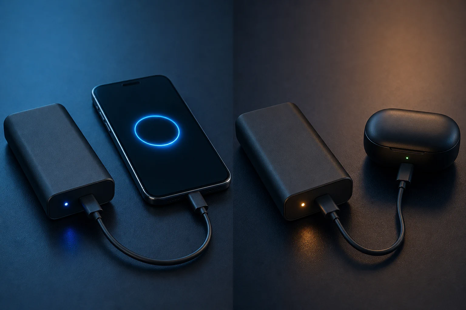 A power bank charging a phone normally beside another power bank timing out with an earbud case
