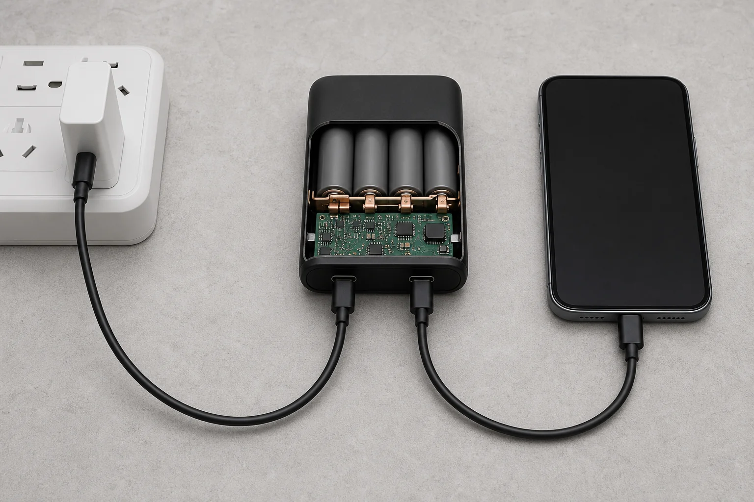 Cutaway power bank with separate input and output cables connected to a charger and phone