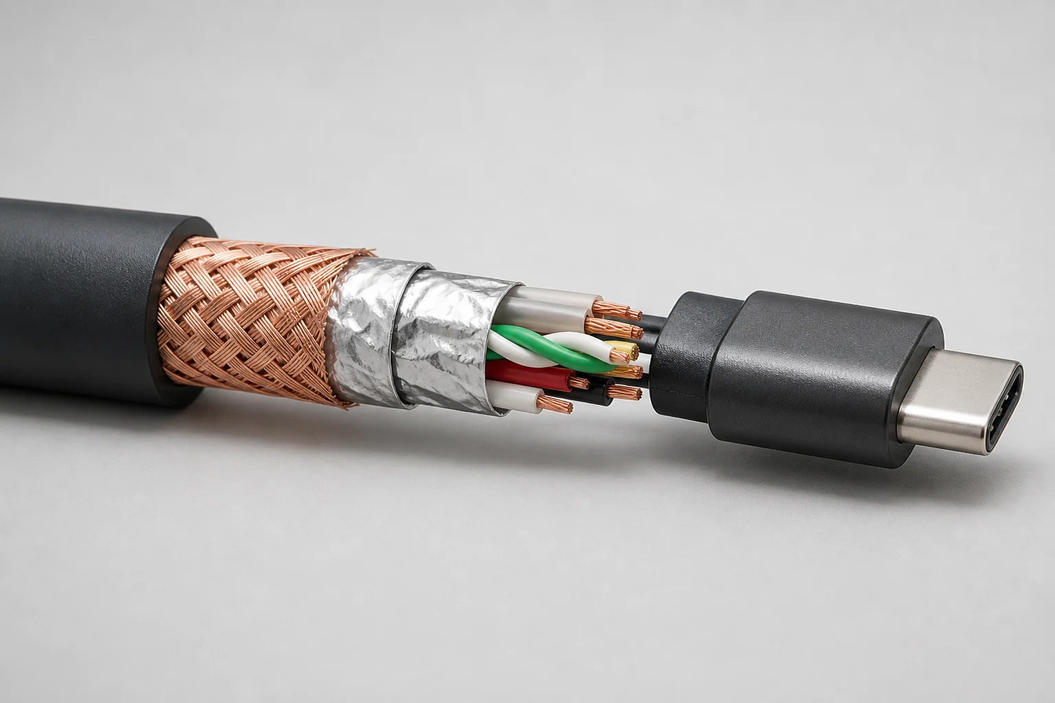 Exploded USB-C cable cutaway showing jacket, braided shield, foil and insulated conductors