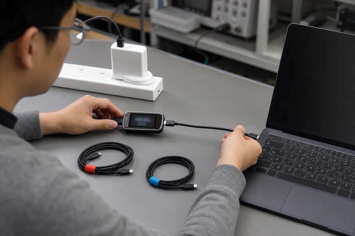 Engineer checking USB-C cable identity between a charger and laptop