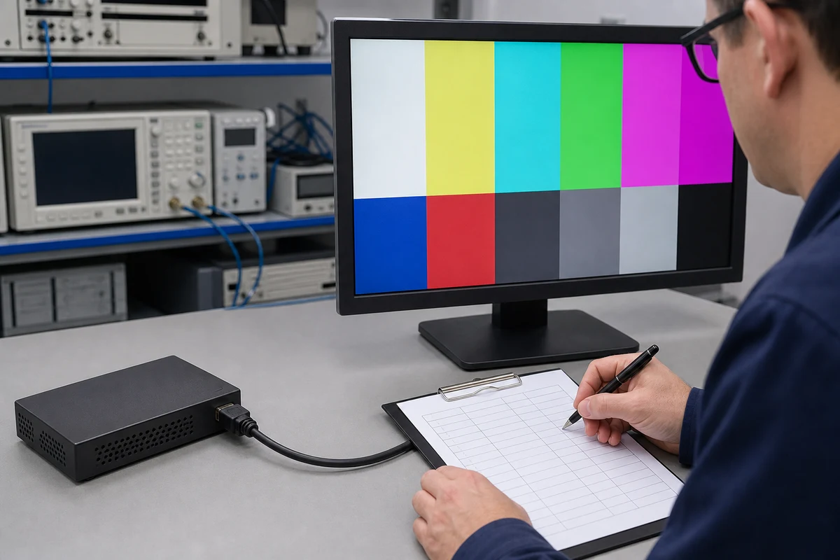 Engineer validating one HDMI output mode with a pattern generator and display