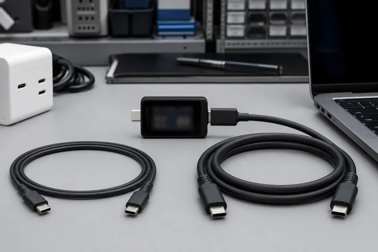 Slim and heavy USB-C cables compared beside a cable identity tester