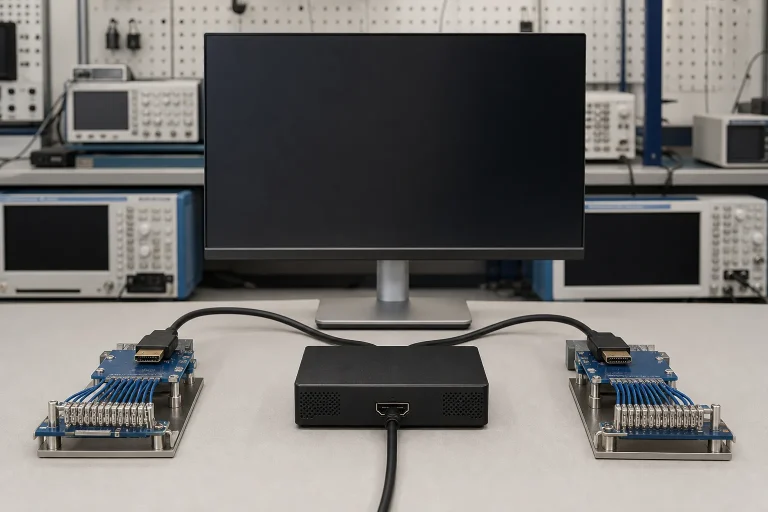 Two HDMI signal paths arranged on a professional video test bench