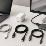 Three unbranded USB-C cables beside a laptop, charger and external display on a clean selection bench