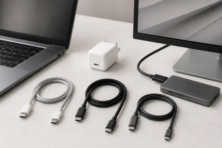 Three unbranded USB-C cables beside a laptop, charger and external display on a clean selection bench