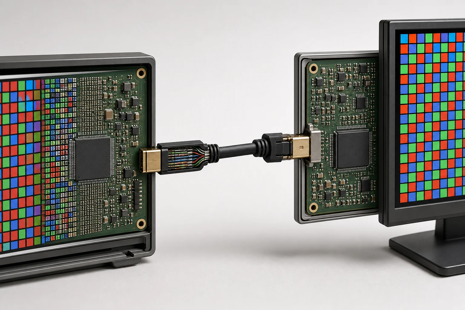 High-fidelity cutaway showing a video source processor, HDMI connection and display processor