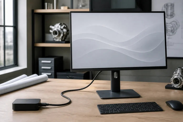 Generic video source connected by HDMI cable to a high-resolution display in a clean studio