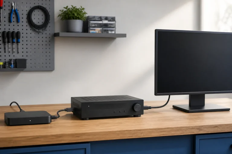 HDMI source, AV receiver and monitor arranged as one signal chain on a test bench