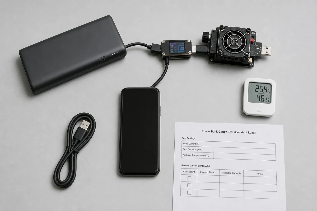 Power bank connected to a fixed phone load beside a three-step test card showing charge, use and compare checkpoints
