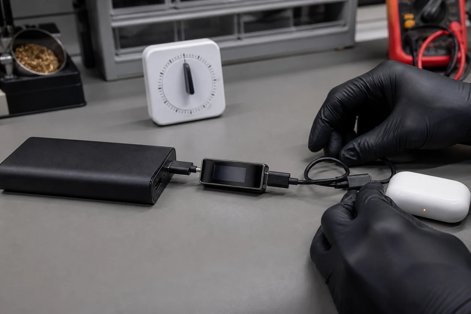 Technician checking a small-device charging session with a USB meter and timer