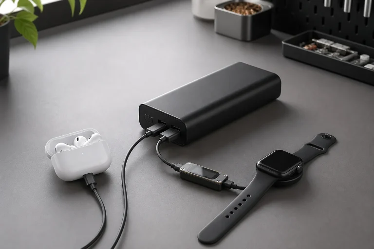 Power bank charging wireless earbuds and a smartwatch on a clean electronics workbench