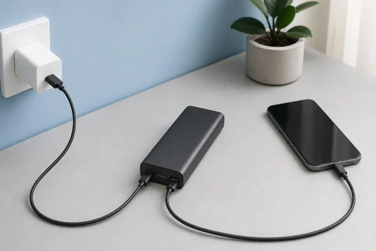 Generic power bank receiving power from a wall adapter while charging a phone