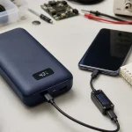Unbranded power bank with a digital percentage display beside a phone, USB cable and measurement notebook on a clean test bench