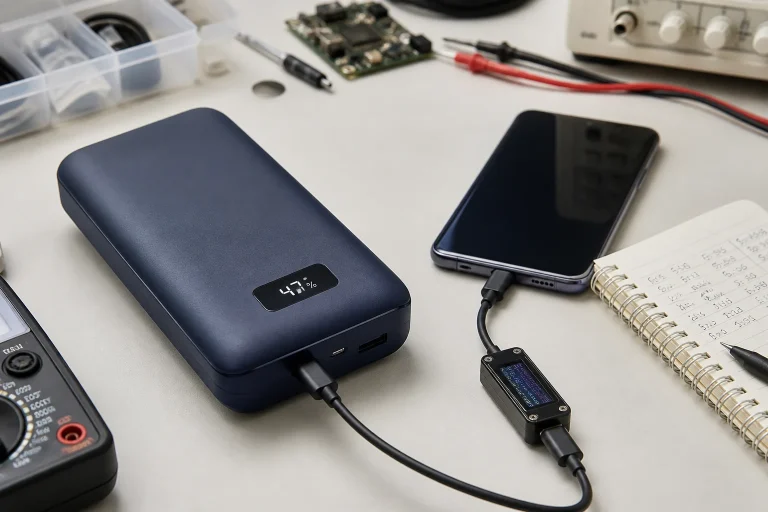 Unbranded power bank with a digital percentage display beside a phone, USB cable and measurement notebook on a clean test bench
