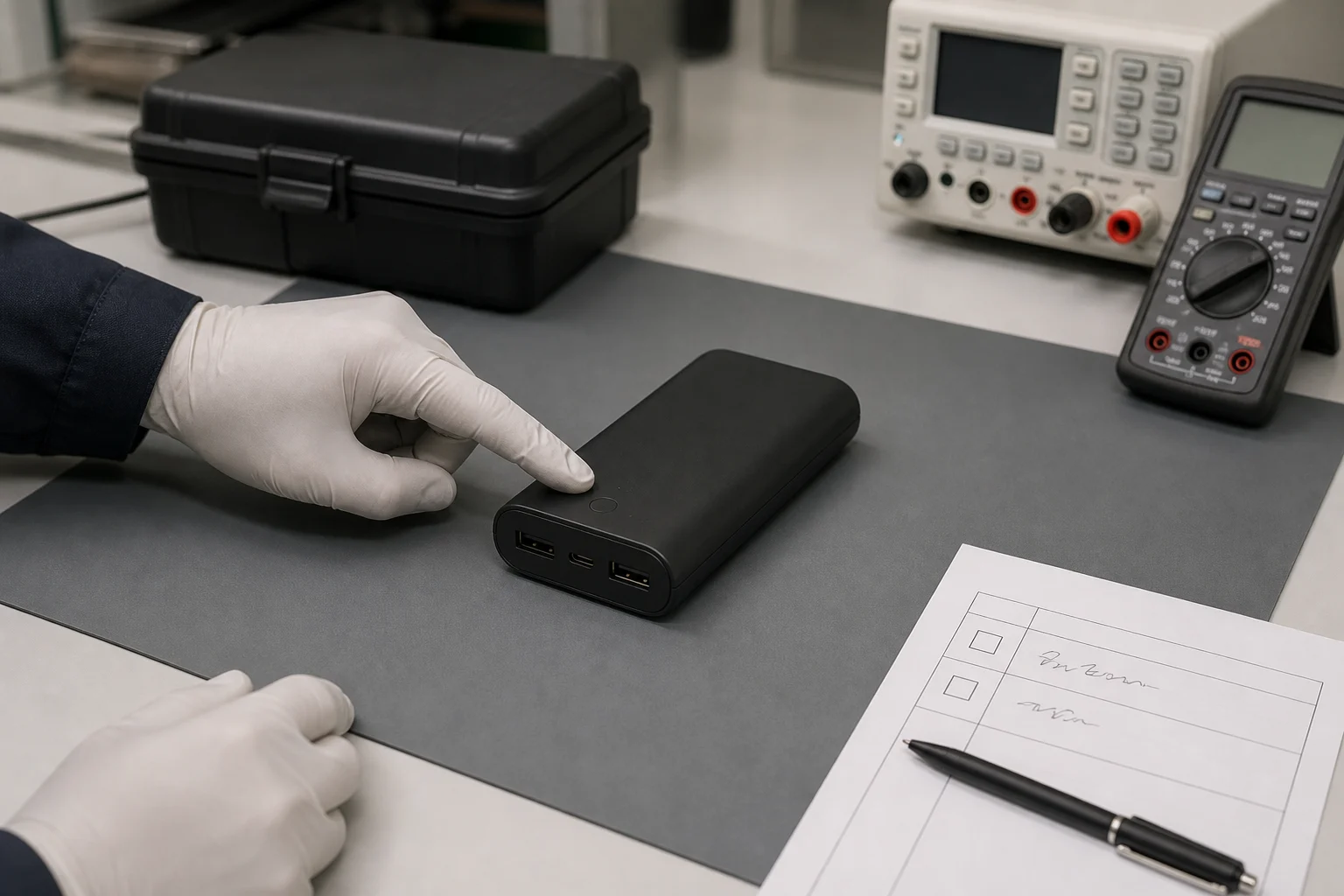 Same power bank checked at two documented storage checkpoints on a clean workbench