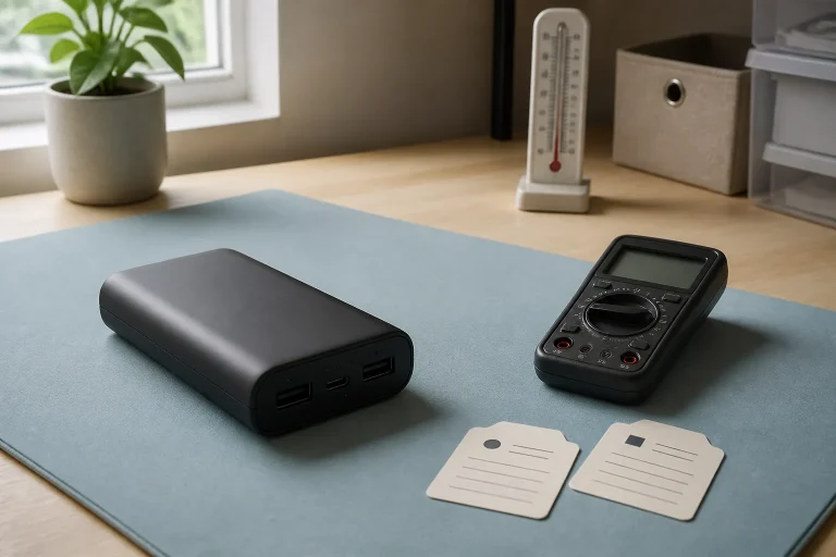Power bank being logged for a storage test with a date card and digital meter