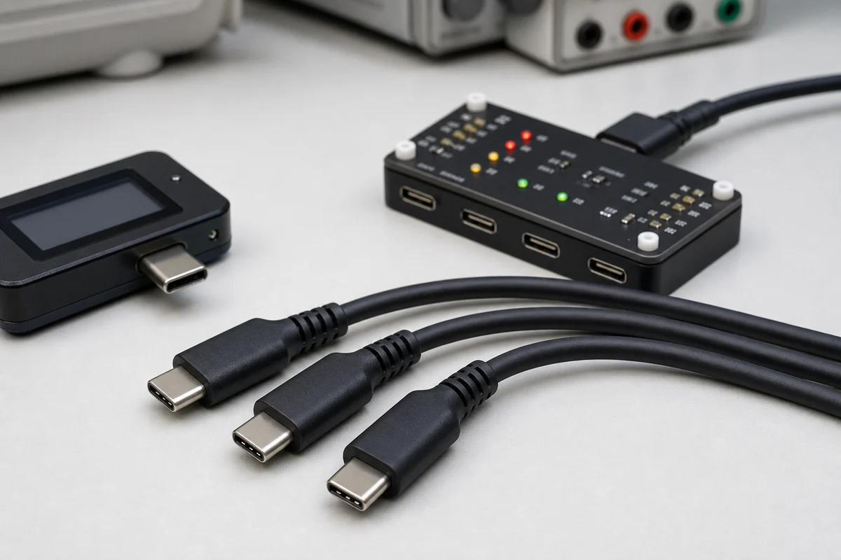 Three unbranded USB-C cable ends beside a continuity board and a compact power meter on a clean electronics workbench