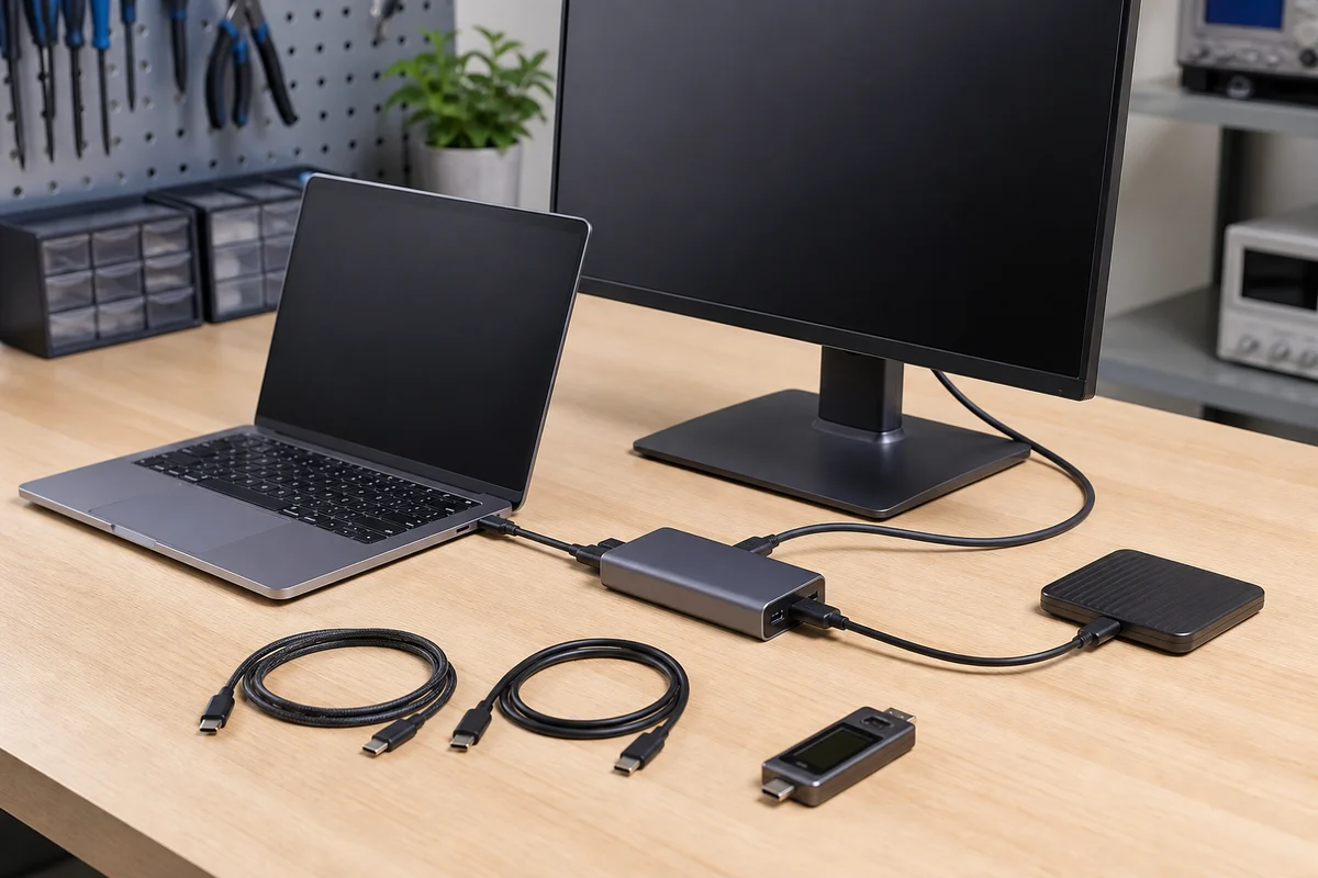 USB-C test setup linking a laptop, dock, monitor and external storage with two comparison cables nearby