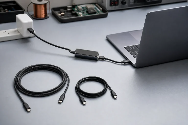 Two USB-C cables of different lengths beside a charger, laptop and power test instrument