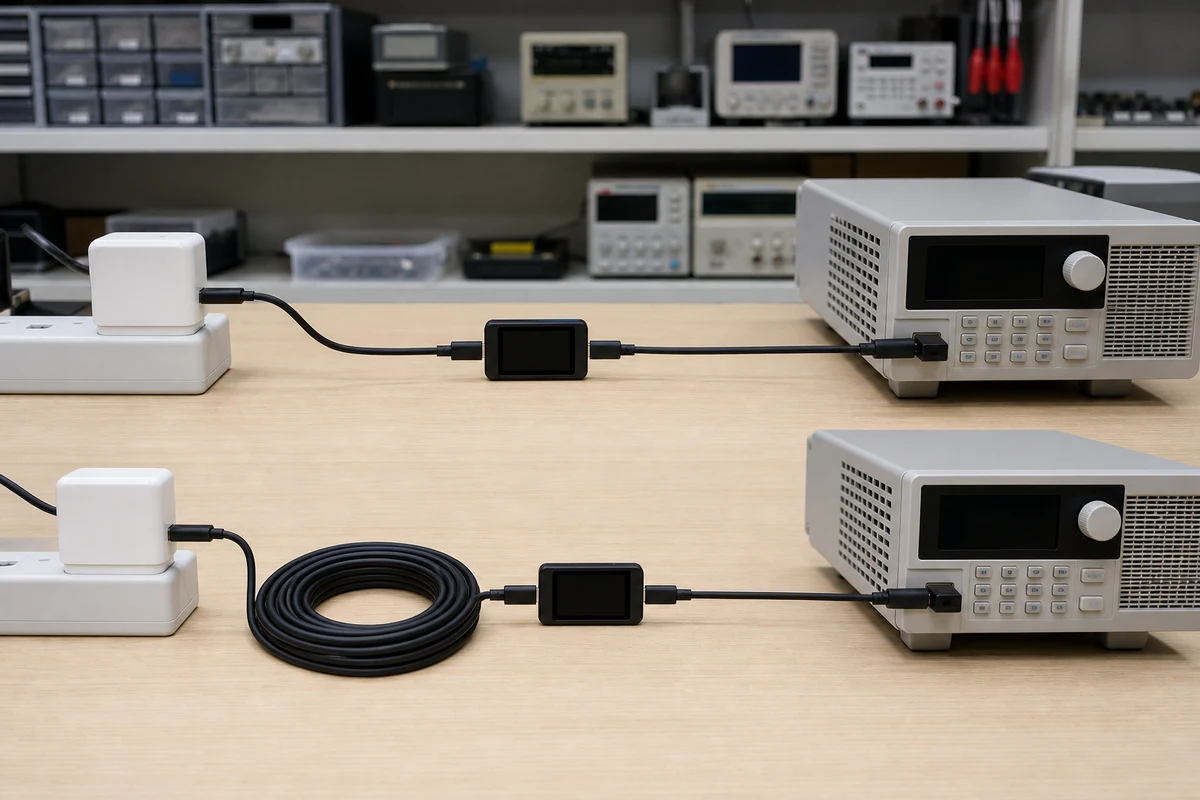 Controlled workbench comparison of a short and a long USB-C charging path