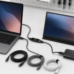 Unbranded USB-C cables arranged beside a laptop, portable display, storage drive and inline power meter on a clean test bench