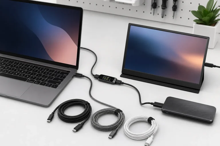Unbranded USB-C cables arranged beside a laptop, portable display, storage drive and inline power meter on a clean test bench