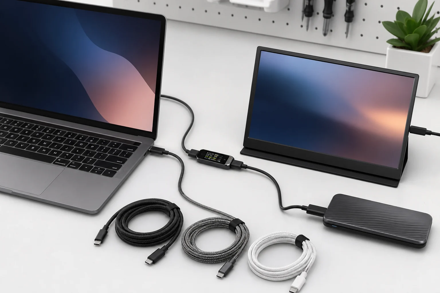 USB-C cables arranged with devices for separate power, data and display checks