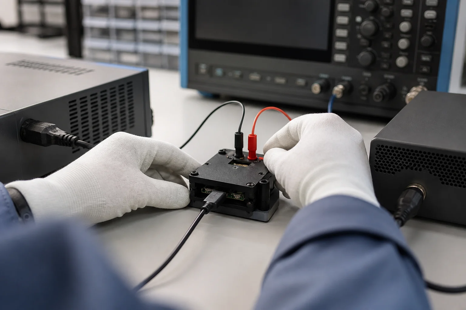 Engineer probing a USB-C compliance fixture connected to a source and sink emulator