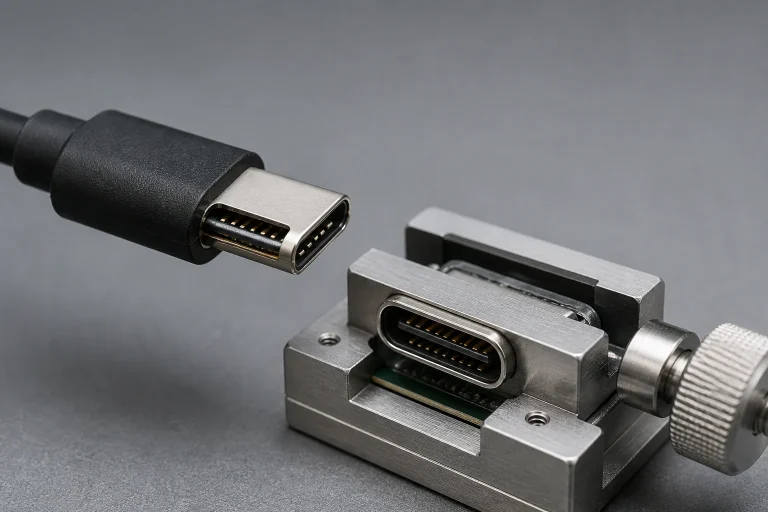 Macro cutaway view of a reversible USB-C plug and receptacle on a laboratory bench