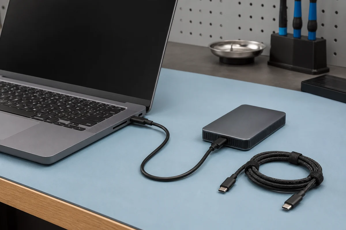 Laptop and external storage device connected by USB-C with a second comparison cable on the workbench