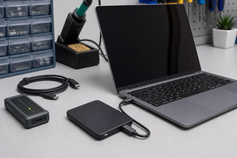 Unbranded laptop and external storage device connected by USB-C on a clean diagnostic workbench
