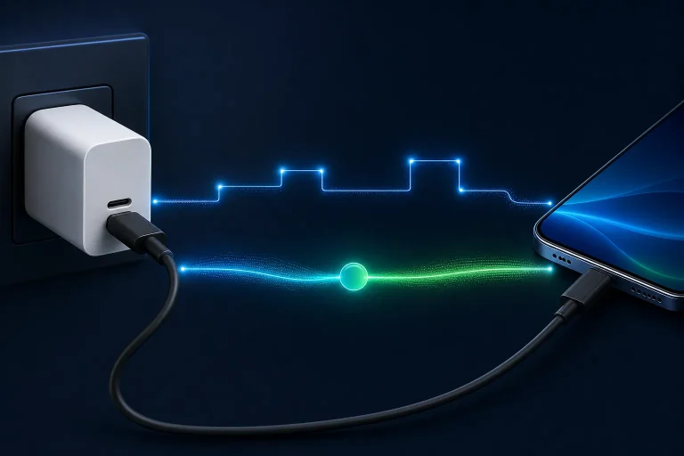 Generic USB-C charger and phone illustrating fixed and adjustable power delivery