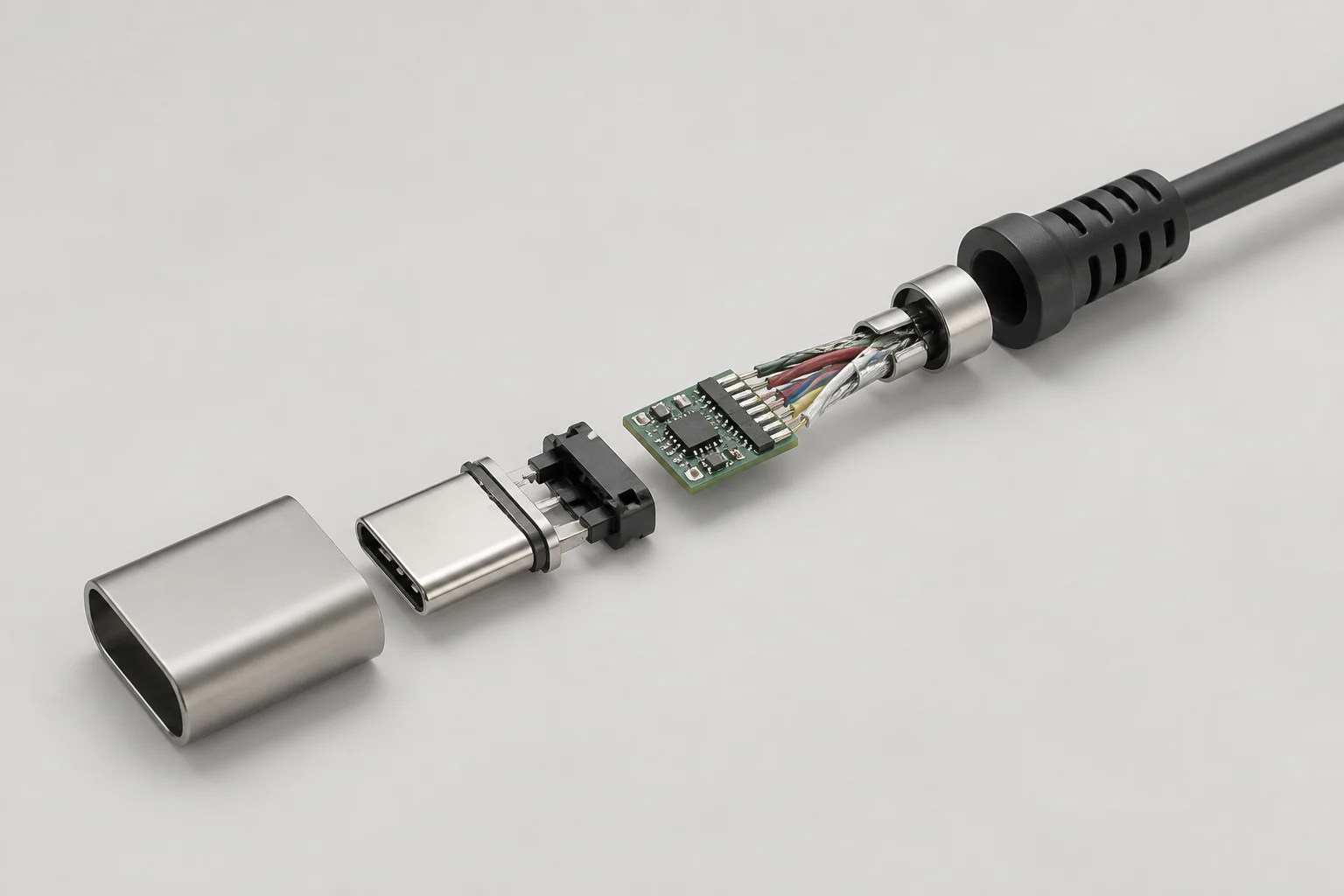 Cutaway view of a USB-C plug showing a small cable electronics board and internal conductors