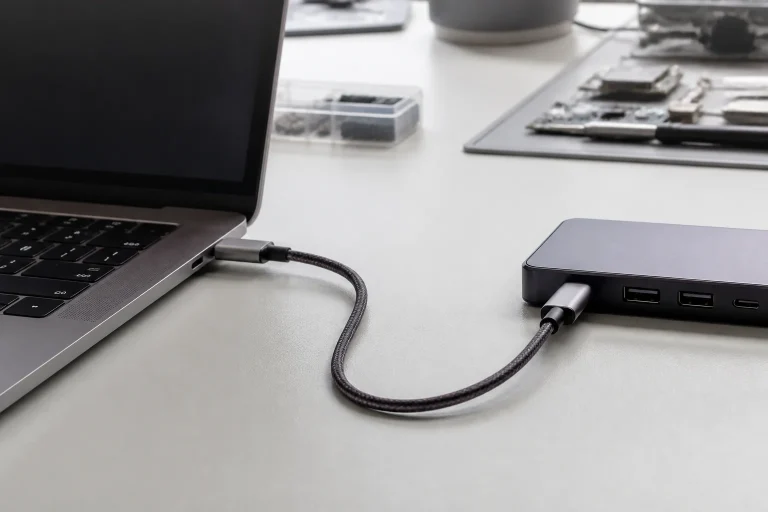 Unbranded USB-C cable connecting a laptop and compact dock on a clean workbench