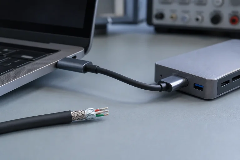 Generic USB-C connection beside a cable sample showing internal metallic shielding